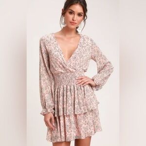 LULUS Room To Bloom Light Pink Floral Print Long Sleeve Mini Dress Size XS